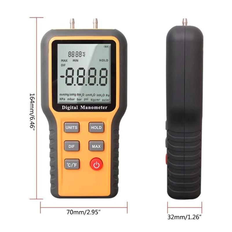 Pressure Tester Double Port HVAC Digital Manometer Large Display ℃ ℉ Switchable Pressure Measuring Device