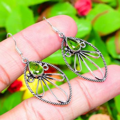 Natural Peridot Gemstone Handmade 925 Sterling Silver Earring 2.01" i9A31