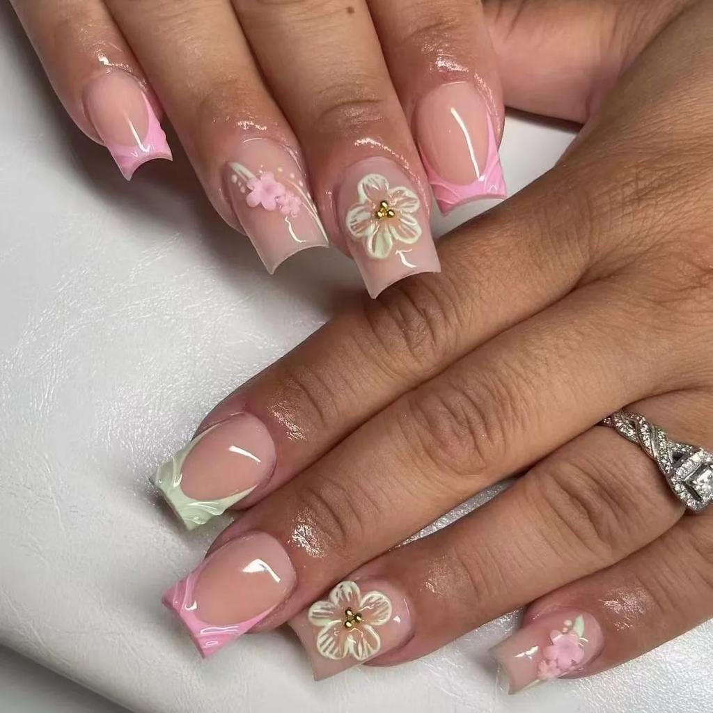 24Pcs Sweet Medium Square False Nails with Glue Blush Pink Flowers Fake Nails Full Cover French Acrylic Press On Nails for Girls
