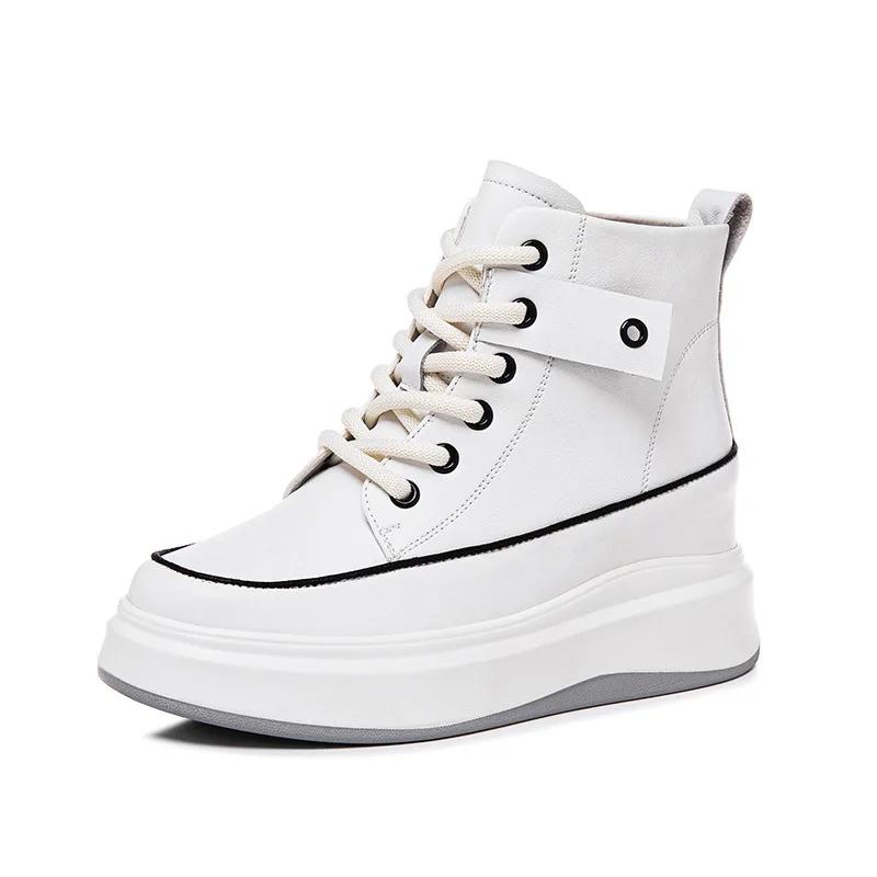 Fashion 7.5CM Women Shoes Natural Cow Genuine Leather Spring Chunky Sneakers Platform Wedge Ankle Boots Hidden Heel Autumn Winter Shoes
