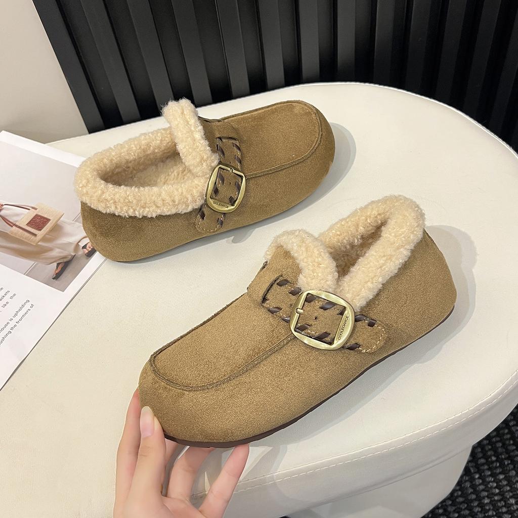 Cotton Shoes Women's 2025 Autumn and Winter New Plush Fluffy Shoes Korean Version Belt Buckle Buns Shoes Flat Bottom Ladyshoes Women's Doudou Shoes