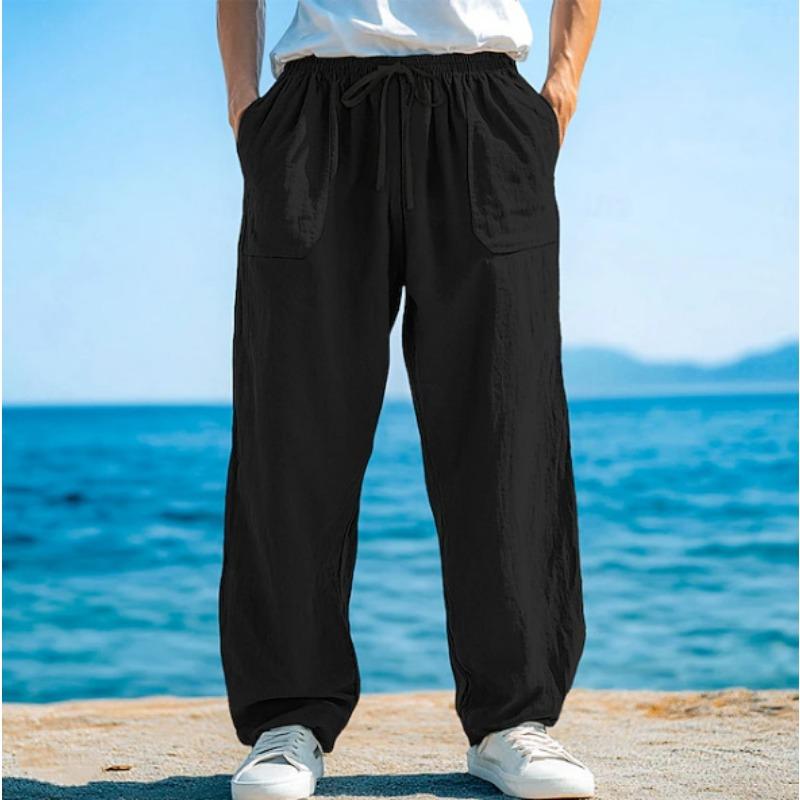 Men Linen Casual Pants Elastic Drawstring Waist Loose Wide Leg Side Pockets Summer Beach Long Trousers