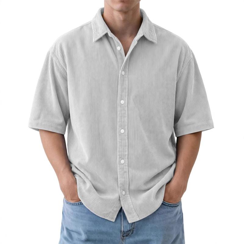Mens Corduroy Short Sleeve Button Down Shirt Casual Spread Collar Solid Color Loose Fit Top S белый