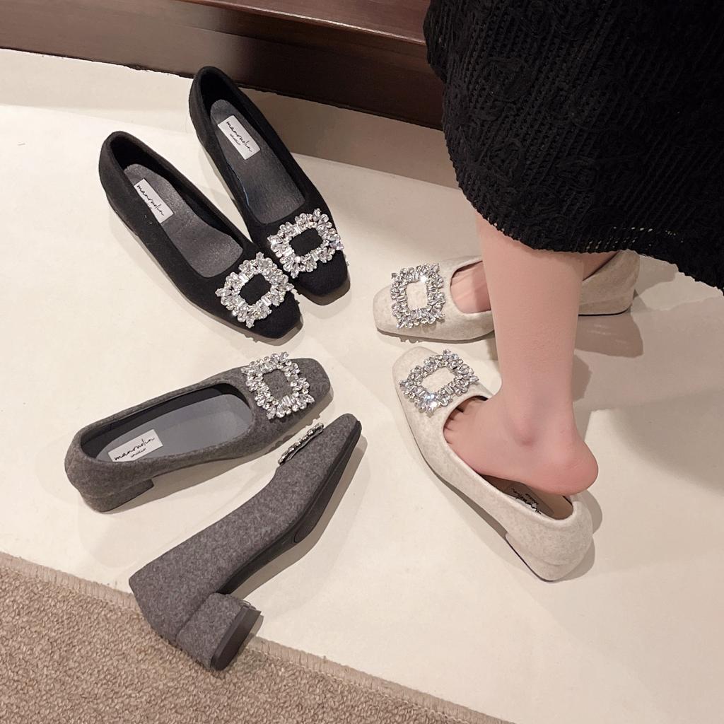 Rhinestone Square Buckle Single Shoes Women's Spring and Autumn French Small Heel Low Heel Medium Heel Grandma Ladyshoes Temperament Black Commuter W