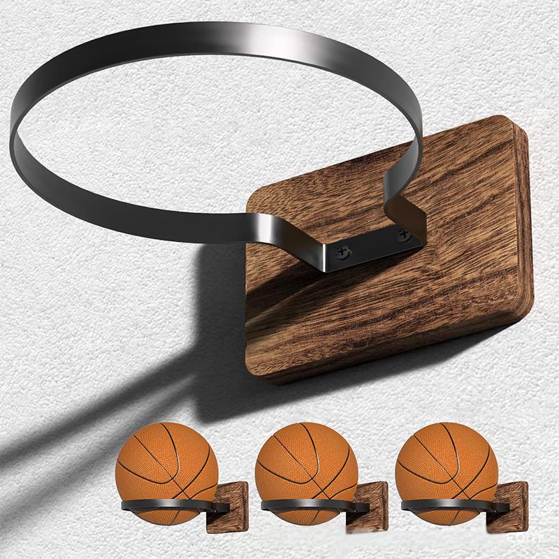 Wall Mount Ball Storage Rack - Wood  & Metal Ball Holder Organizer For Basketball, Soccer | Wall Display Stand A