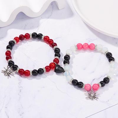 2 Pcs Halloween Spider Couple Bracelets For Women Men Heart Magnetic Matching Bangles Stone Crystal Beads Bracelets Jewelry