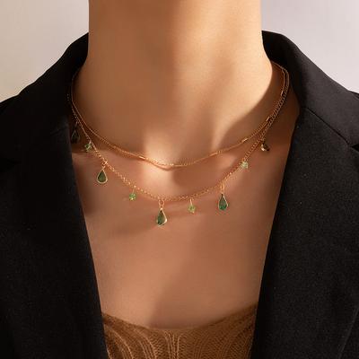 Simple and Stylish Green Diamond-encrusted Water Drop Necklace Alloy Chain Water Diamond Neck Chain