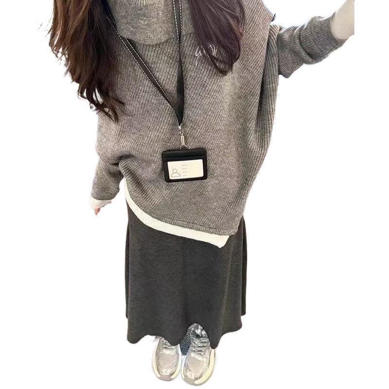 Women's High-Waisted Gray Knit Midi Skirt with Letter Print, Plus Size - 2025 Autumn/Winter Collection