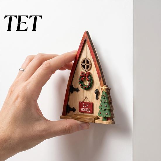 Holiday Home Ornaments Christmas Fairy Door Wall Decoration, Solid Wood with Adhesive Backing Design, Tree Decorations Miniature Tiny for Trunks