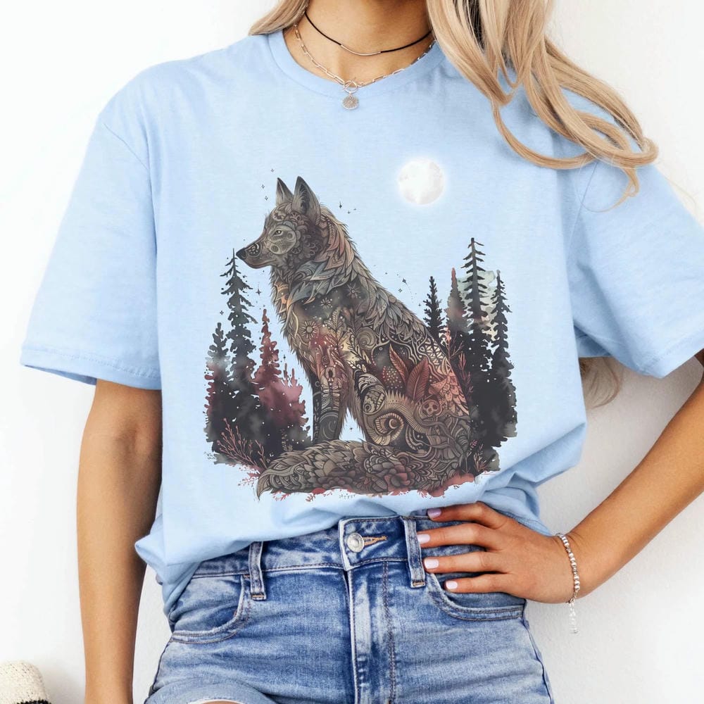 Maanlicht Mystieke Wolf Print T-shirt Vintage Dark Academia Fantasy Y2K Unisex Shirt Casual Korte Mouw Katoenen T-shirt Streetwear