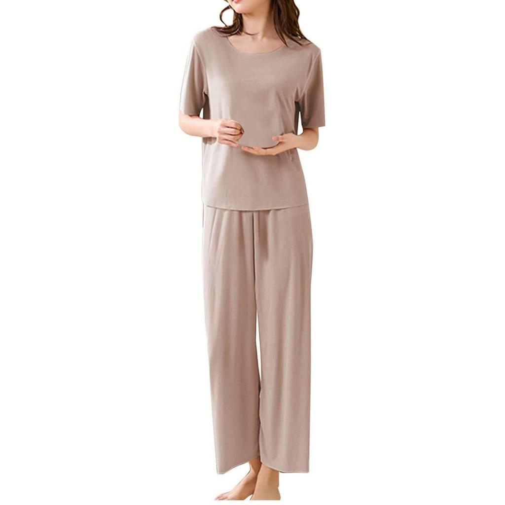 Women's Casual Pajamas Set Solid Color Short Sleeve Up Nine Pants Two Pieces