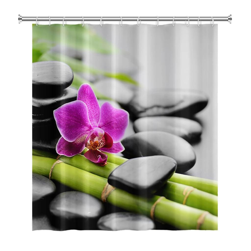 Zen Shower Curtains Spa Lotus Japanese Meditation Basalt Stones Herbal Oil Scent Candles Bamboo Water Home Bathroom Decor Hooks