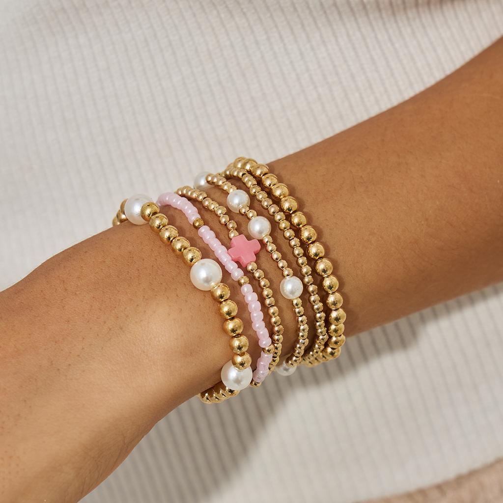 Bohemian Imitation Pearl Rice Bead Beaded Bracelet, Personalized Acrylic Cross Elastic Bracelet.
