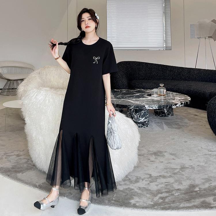 Summer New Women Plus Size Casual Loose Long Maxi Dress Black Lace Short Sleeve Basic Dress L чёрный
