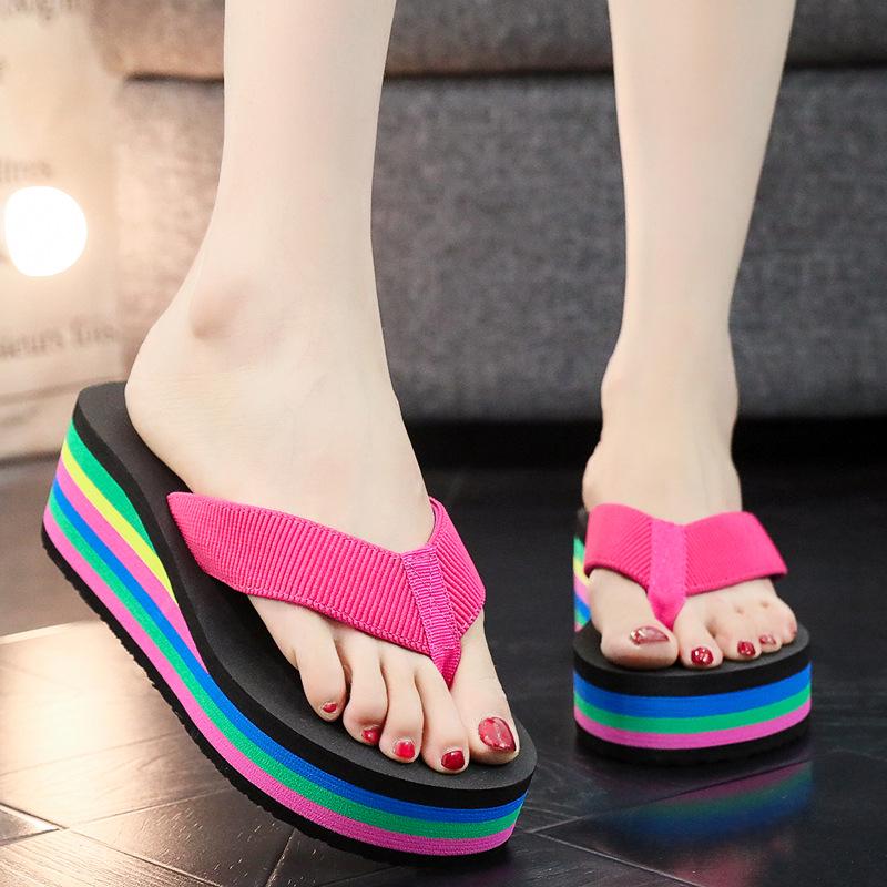 Women's Summer Rainbow Wedge Flip Flops - Thick Foam Sole Toe Post Beach Slippers