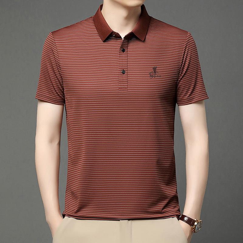 Machine Washable Men'S Ice Silk Seamless Short-Sleeved T-Shirt Business Casual Lapel Striped Polo Shirt