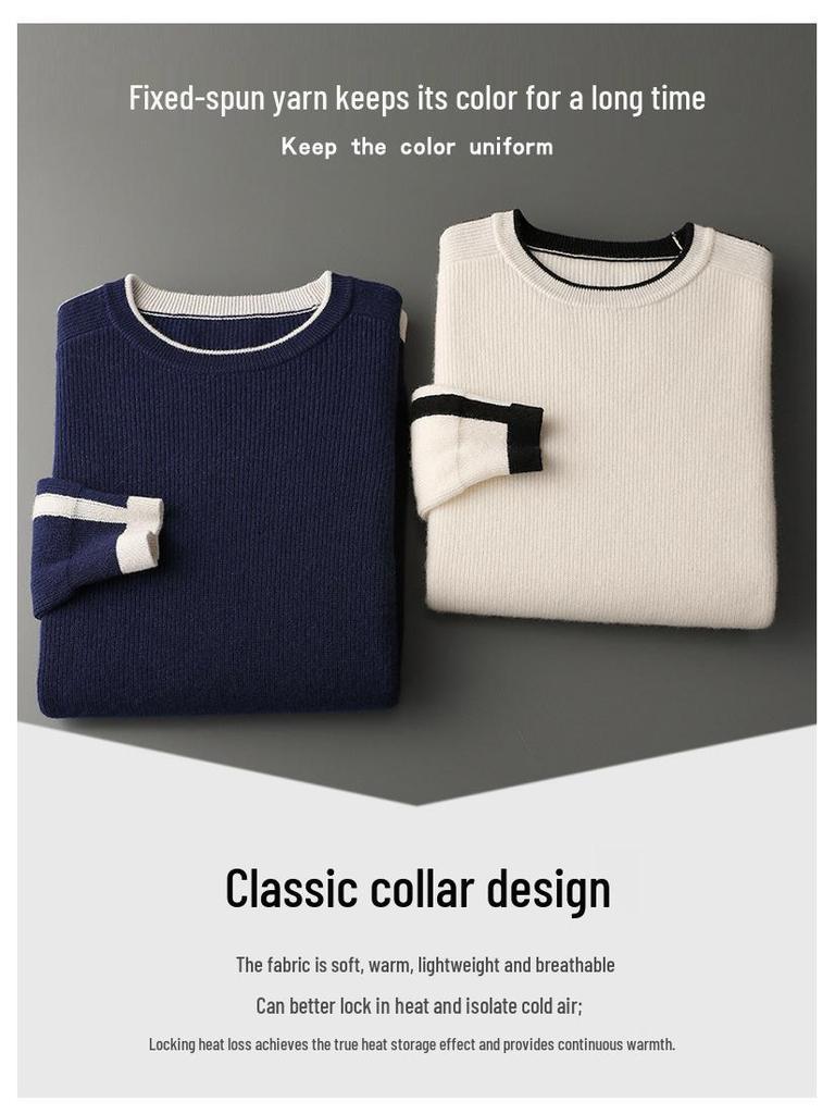 Herrtröja i 100% ren ull med färgblock och rund hals - Lös stickning, avslappnad basplagg för höst/vinter