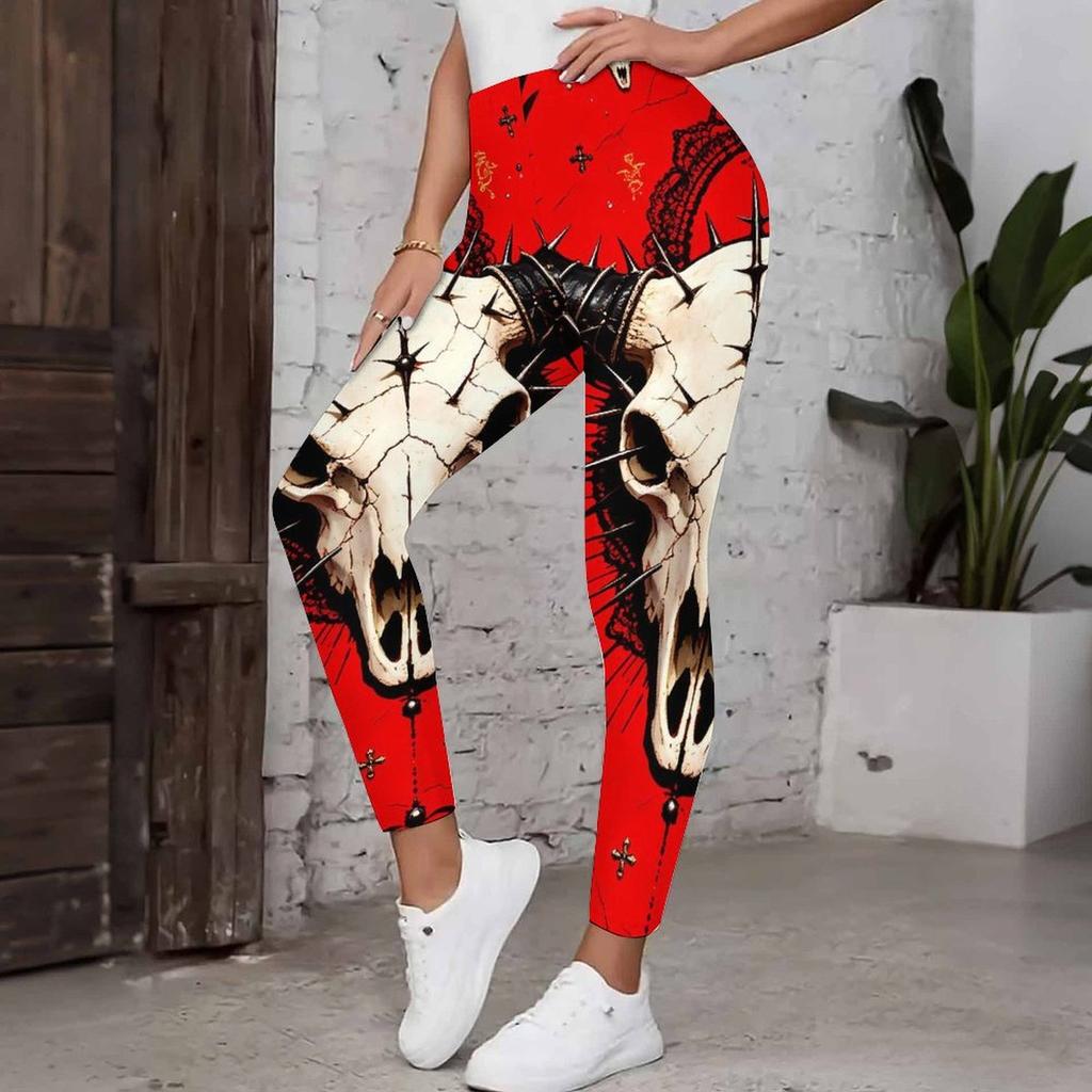 Women's Leggings Vintage Fashion Casual Ankle-Length High Waist Halloween Rose Skull Printing Thermal Warm Soft Breathable Micro-elastic