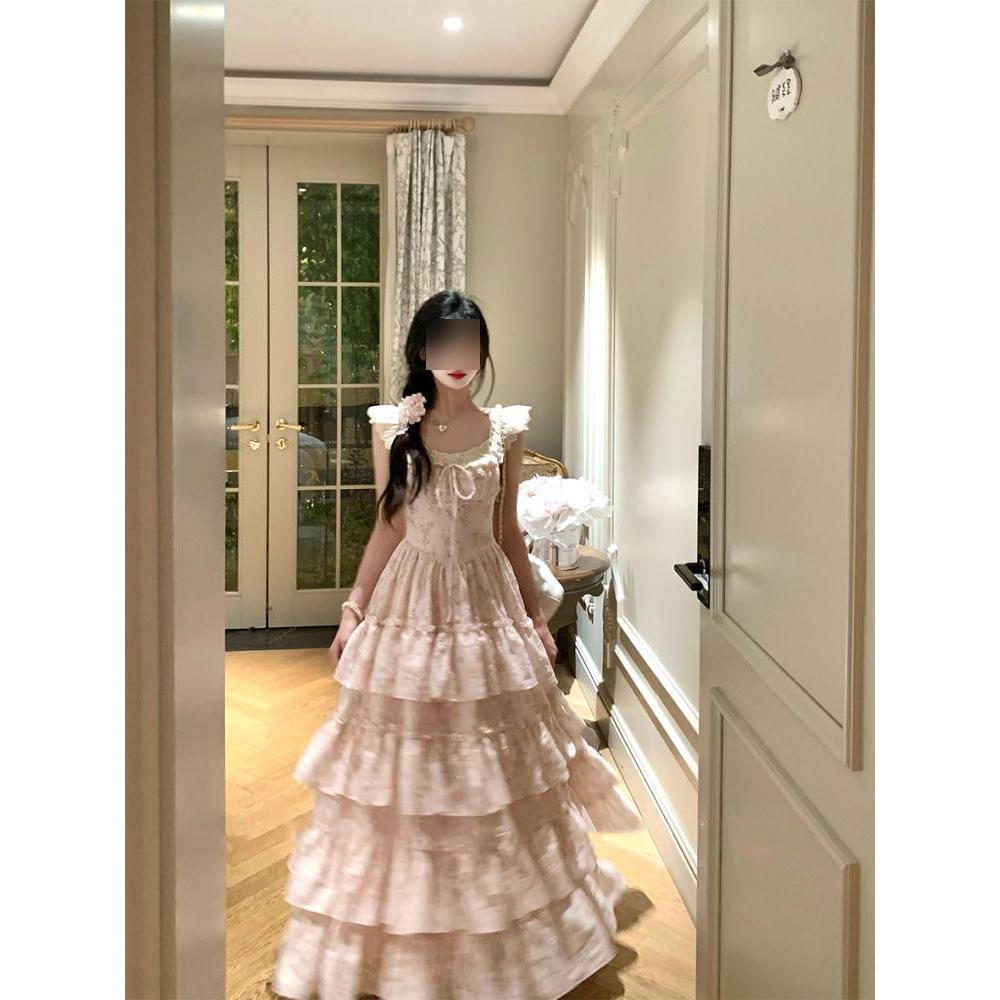 

Sweet little fly sleeves summer romantic girlish feeling exquisite gentle floral waist beautiful casual princess dress S- (can be worn within 45kg) рожевий