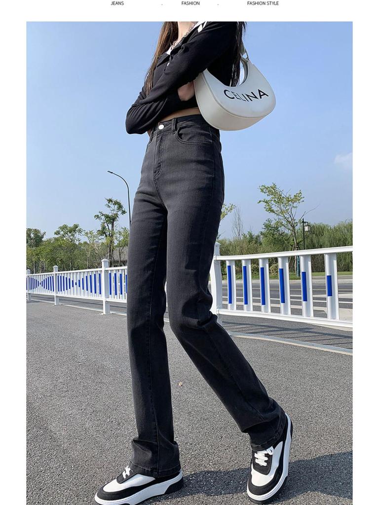 Women's High-Waist Black Straight-Leg Jeans: 2025 Autumn/Winter Hong Kong Style, Plus Velvet, Floor-Length for a Lengthening Look