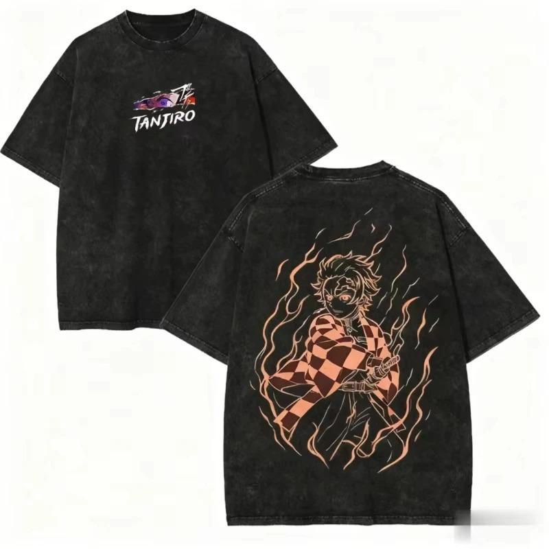 Hot Sale Demon Slayer Graphic Print T-shirt Men Women Vintage Washed Cotton Summer New Tee Streetwear Y2K City Style Cotton Loose Casual Oversized Top