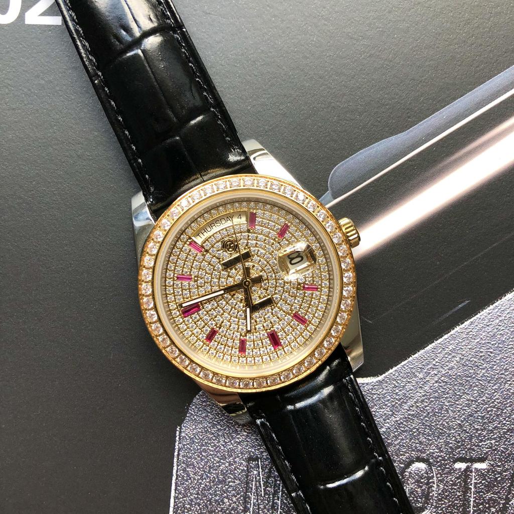 Start Gypsophila-Uhr, modische Herrenuhr, Diamant-Zifferblatt, automatische mechanische Uhr, Lederuhr, wasserdicht, Datums- und Wochenfunktion