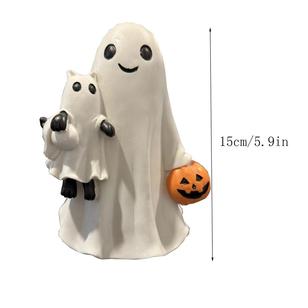 2025 Kawaii Halloween Ghost Holding Cat Statue with Pumpkin Spooky Ghost Resin Figurine Hugging Cat for Halloween Party Decor