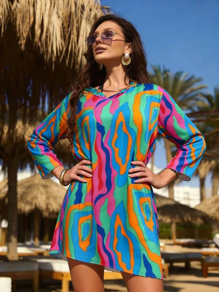 Russian Exclusive Mesh Print Seven-Sleeve Beach Cover-Up Shirt