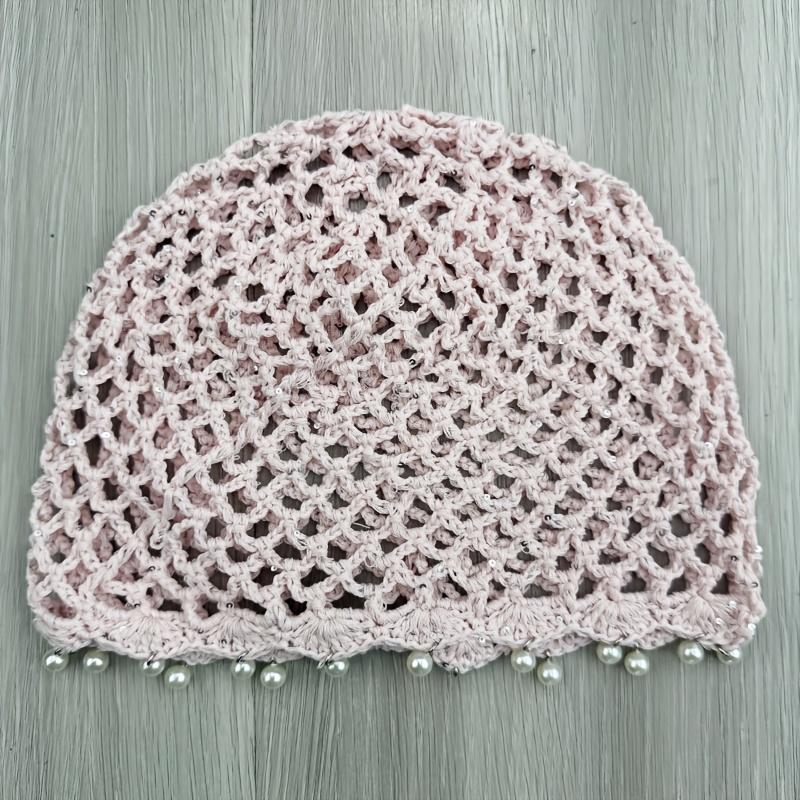 1Pc Sequined Pearl Hat, Handmade Knitted Hollow Thin Breathable Versatile Beanie Hat