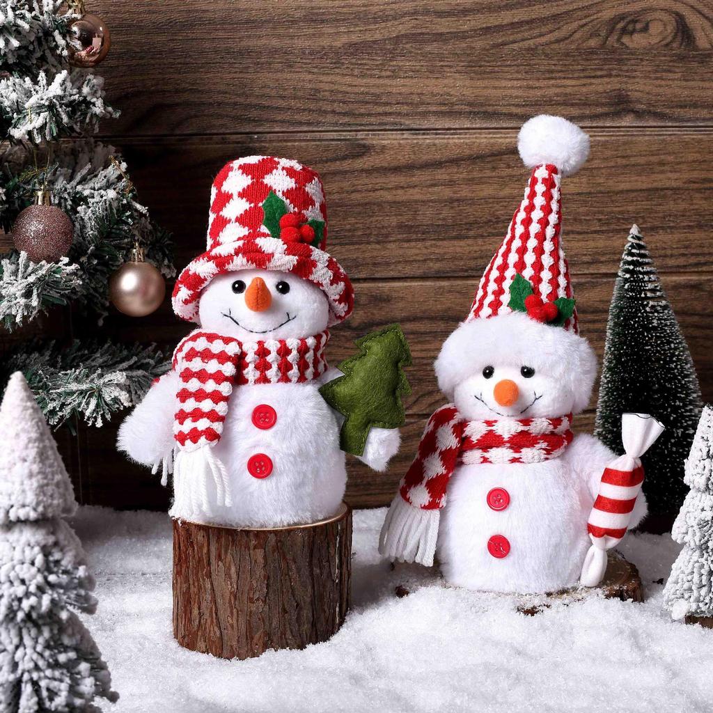 LED Christmas Snowman Decoration – 33cm Red & White Plush Light-Up Ornament, Long Hat & Top Hat Styles,
