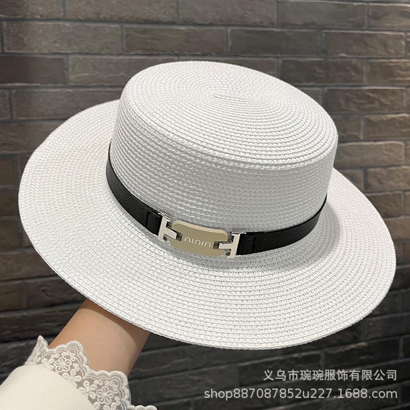 French retro straw hat women's sunshade sunscreen summer hat sun hat belt buckle outdoor woven Hepburn top hat