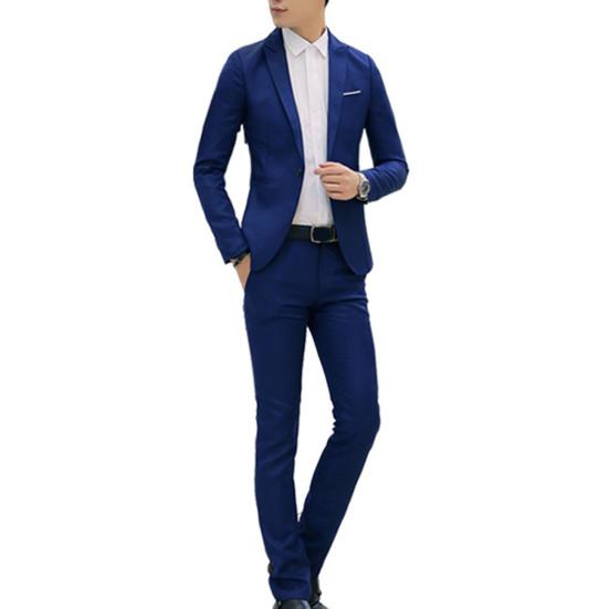 Set de 2 bucăți pentru bărbați, primăvară, toamnă, culoare uni, costum de afaceri cu rever, mânecă lungă, buzunare, cu un singur buton, blazer cu talie mijlocie, pantaloni lungi, slim fit