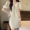 Puff Sleeve Elegant V-Neck Mini Dress Summer All-match Solid Color Female Clothing Fashionable Drawstring French Style Dresses