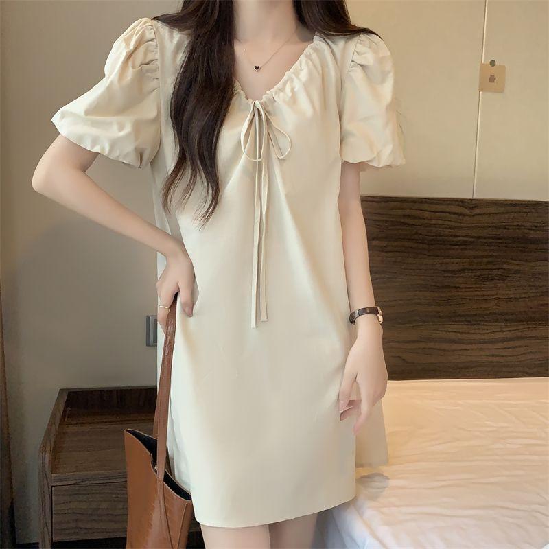 Puff Sleeve Elegant V-Neck Mini Dress Summer All-match Solid Color Female Clothing Fashionable Drawstring French Style Dresses