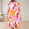 Women Plus Size V Neck Long Sleeve Printed Striped Curved Hem Casual Dress