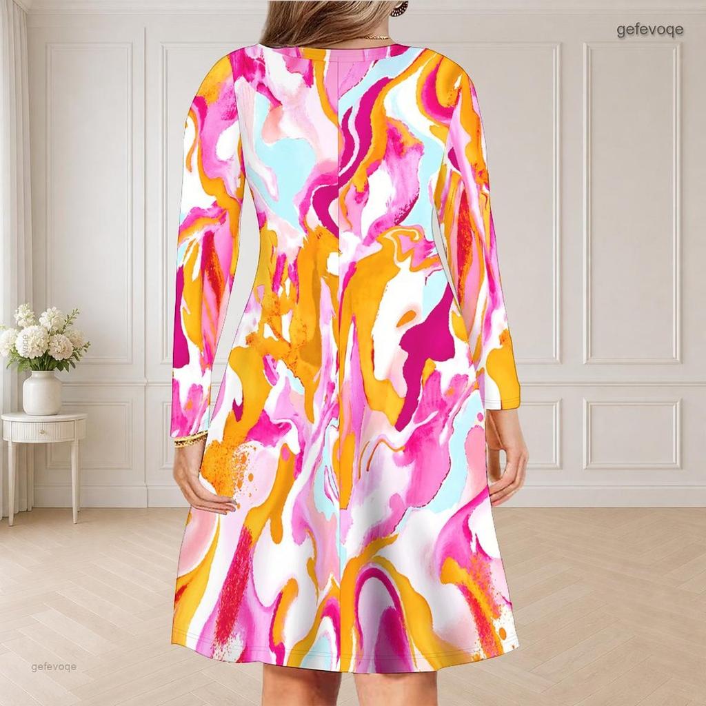 Women Plus Size V Neck Long Sleeve Printed Striped Curved Hem Casual Dress