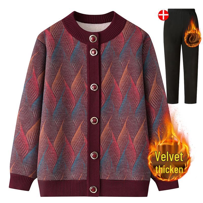 Women's Fleece-Lined Knitted Cardigan - Warm Autumn Winter Jacket for Elderly Ladies