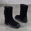Johnature Retro Tassel Mid Heeled Women's Boots Genuine Leather Round Toe Versatile Mid-calf Boots
