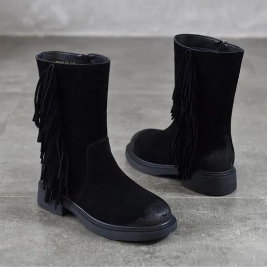 Johnature Retro Tassel Mid Heeled Women's Boots Genuine Leather Round Toe Versatile Mid-calf Boots