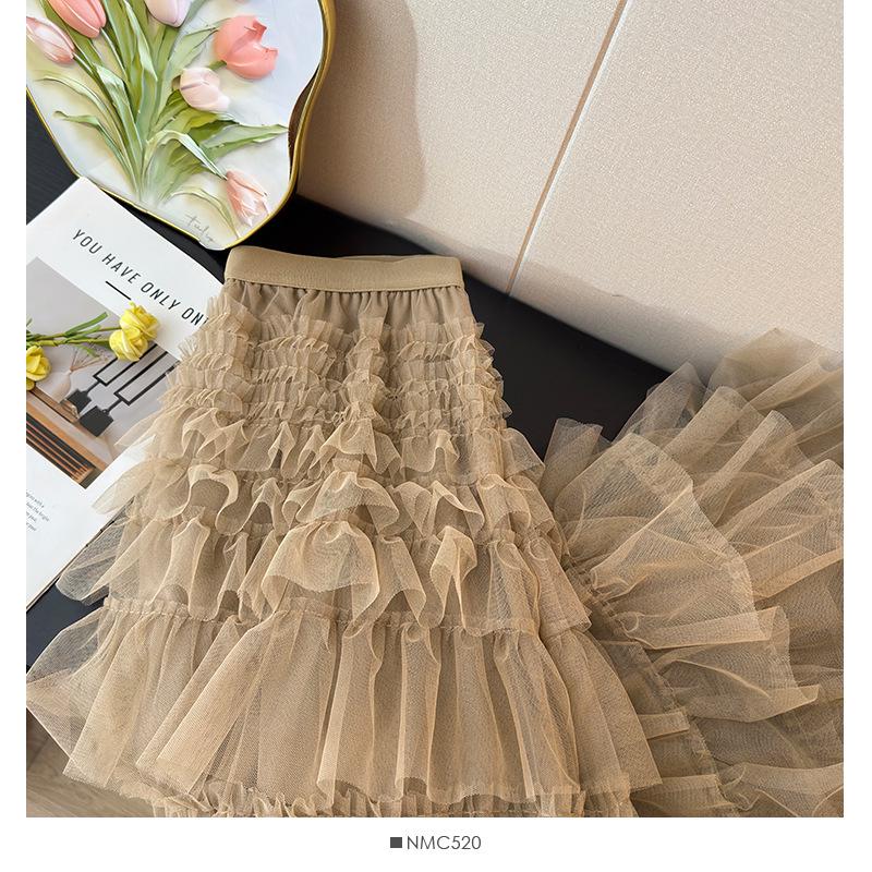 Elegant French Ruffled Multi-layered A-line Fluffy High-waisted Pleated Skirt for Women - Autumn 2025 Collection