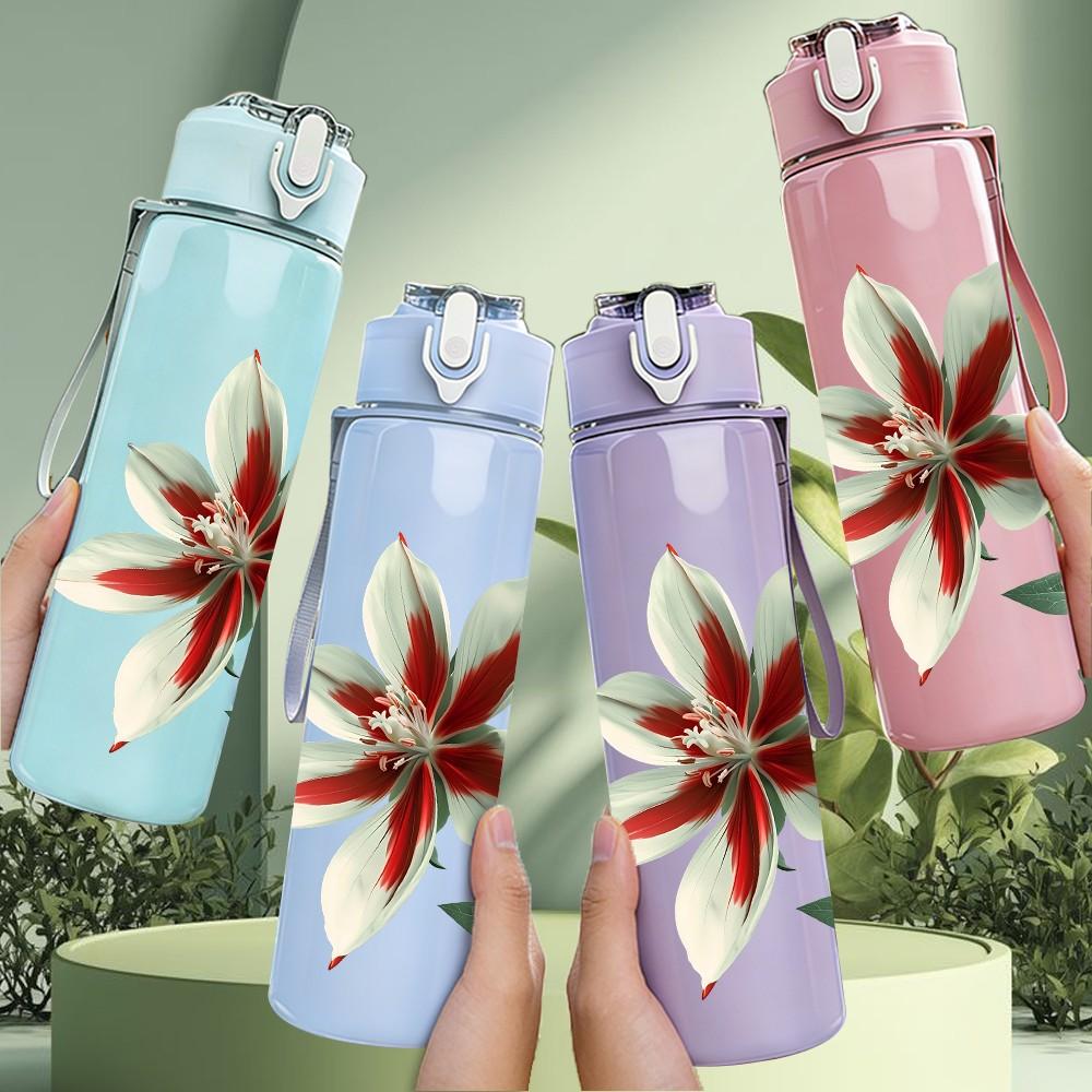 1PC Red White Lily Single Flower Print 750ml Color Plastic Sports Water Bottle Leakproof Flip Straw Lid Suitable for Sports Office Home Use