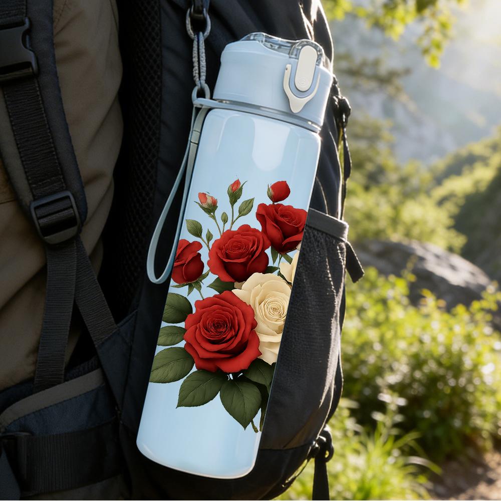 1PC Red White Rose Bouquet 750ml Color Plastic Sports Water Bottle Leakproof Flip Straw Lid For Sports Office Home Use