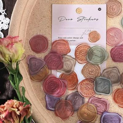 40pcs Wax Seal Stickers Decorative PET Transparent Decals Vintage Circle Sealing Stickers for Scrapbook Planner Journal Envelope