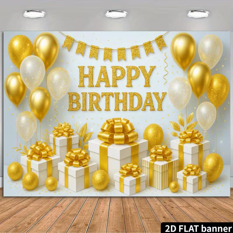 2D Neutral Gold White Birthday Backdrop with Shimmer Confetti & Balloon Garland