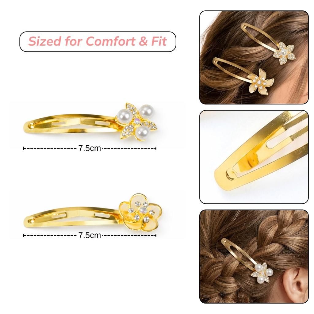 ANNA CREATIONS 6 Pcs Gold Metal Snap Floral Pearl Hair Clips Tic Tac Clips Rhinestone Stylish Non-Slip Wedding Hairclips Hair Accessories for Woman