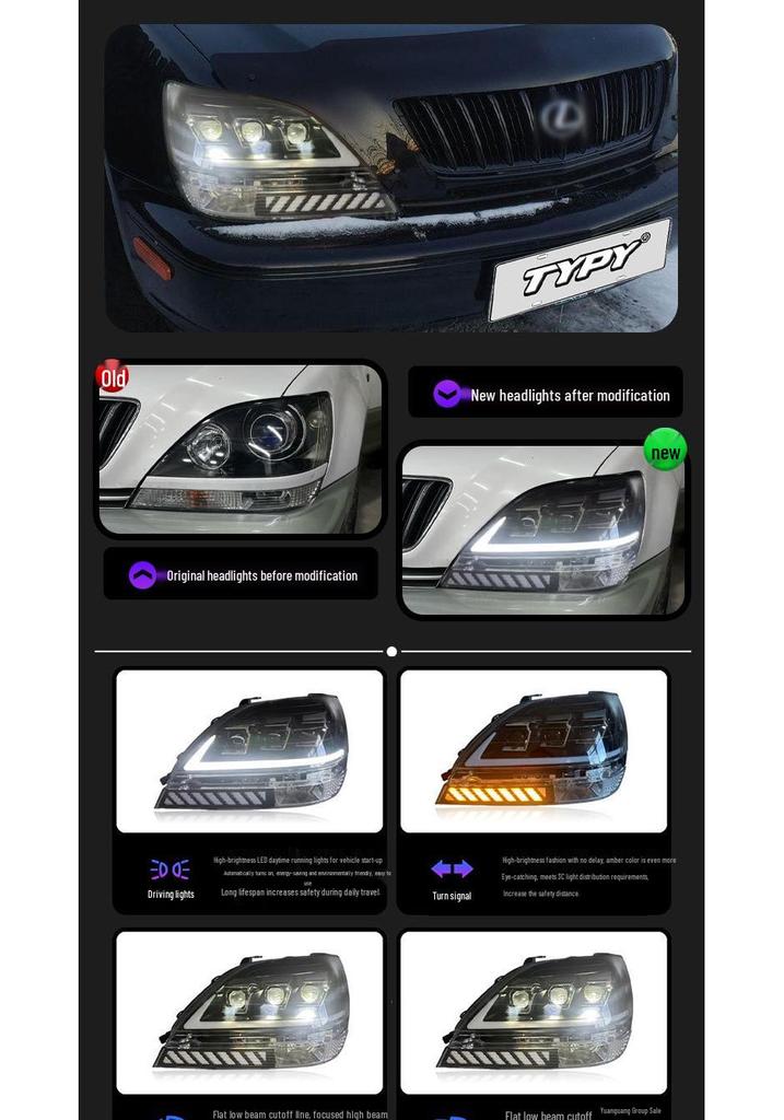 LED Projector Headlights with Flowing Turn Signals for 1998-2003 Lexus RX