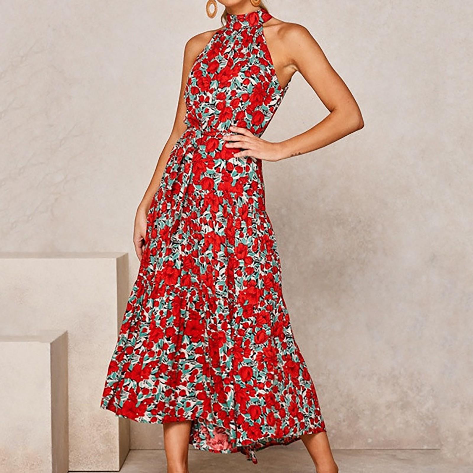 Neck Round Neck High Waist Long Dress Flower Print Sexy Lace Dress M