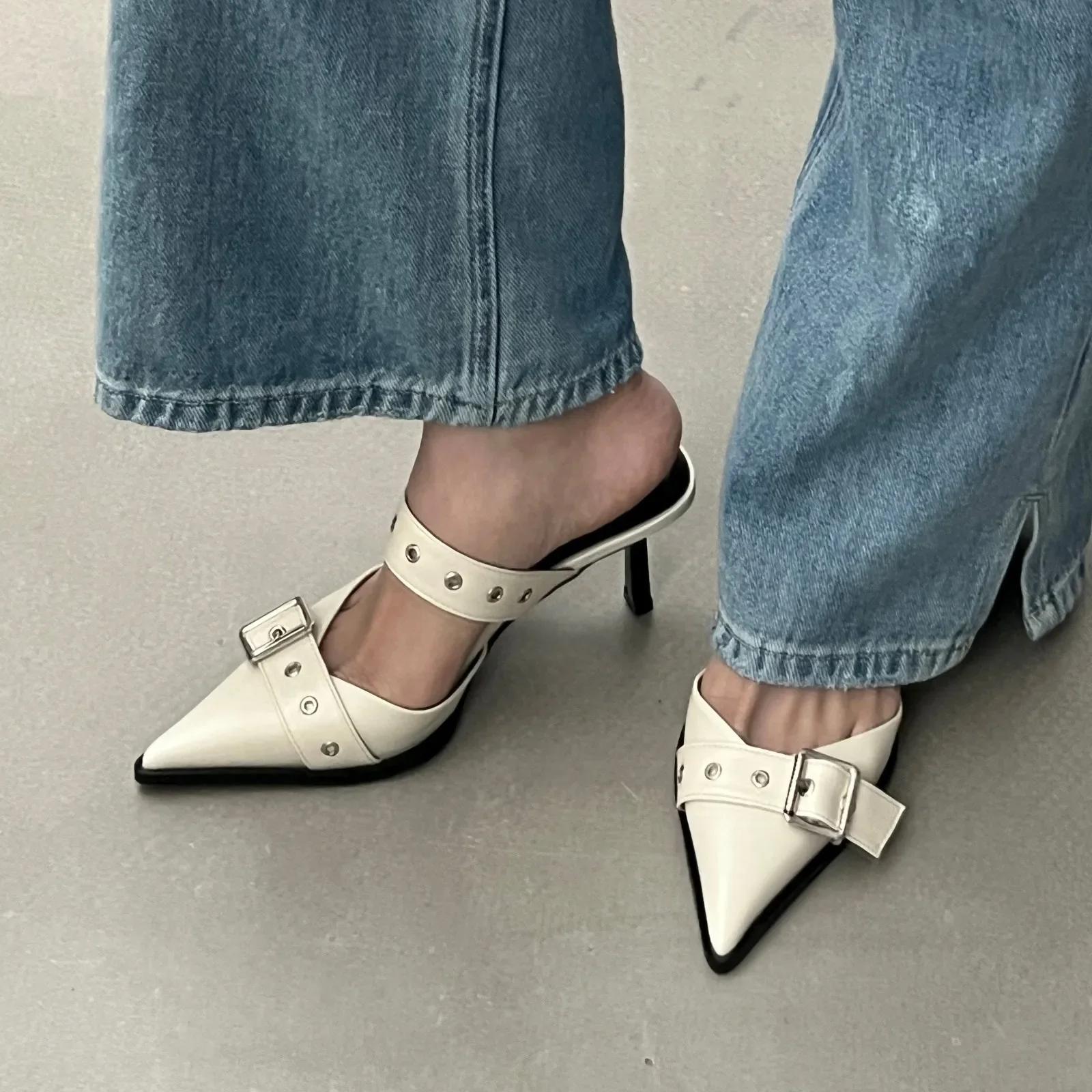 

Fashion Rimocy Punk Goth Metal Buckle High Heels Women s Sandals Summer Pointed Toe Silver Party Shoes Fashion Womens Pumps Shoes 40 бежевый
