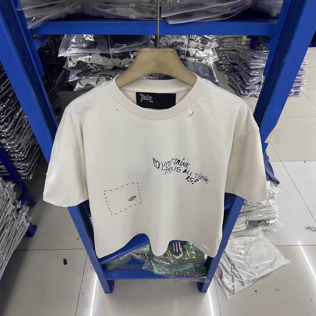Washed Water Retro Texture Knitted T-Shirt Pure Cotton Ripped Style Round Neck Short Sleeve