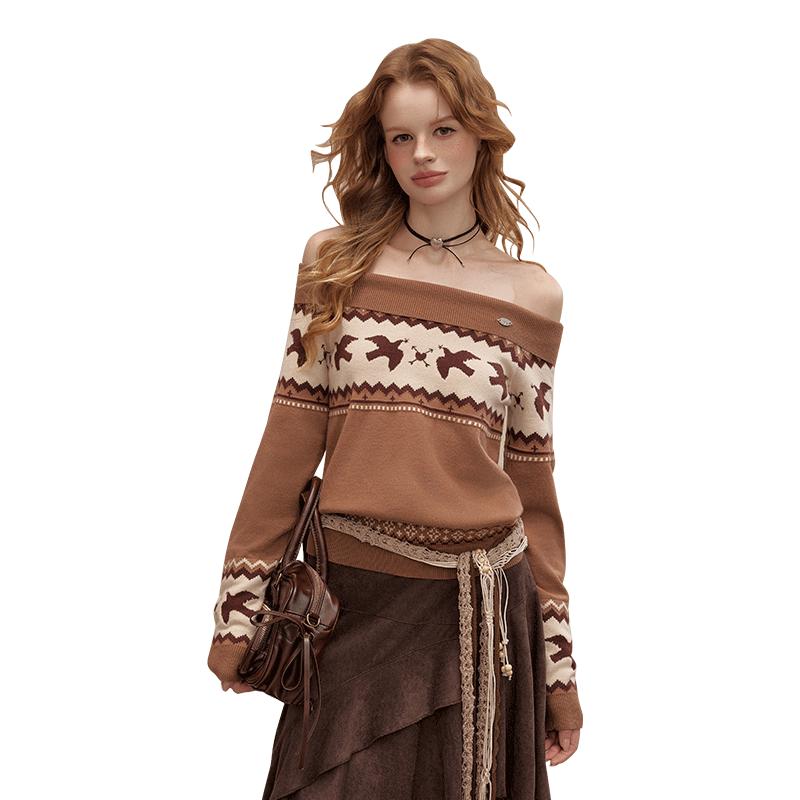 

UNIFREE Boho Fair Isle Off-Shoulder Knit Sweater S